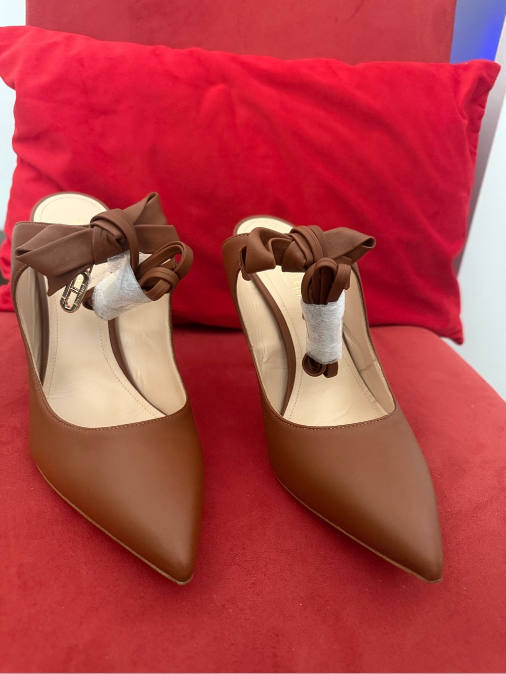 Italian Designer Brown Leather Pointed-Toe Women's Heels with Ankle Wrap Bow